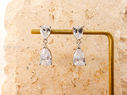 Double Pear Cut Diamond Drop Earrings, Bridal CZ Teardrop Earrings, Wedding Gift for Her