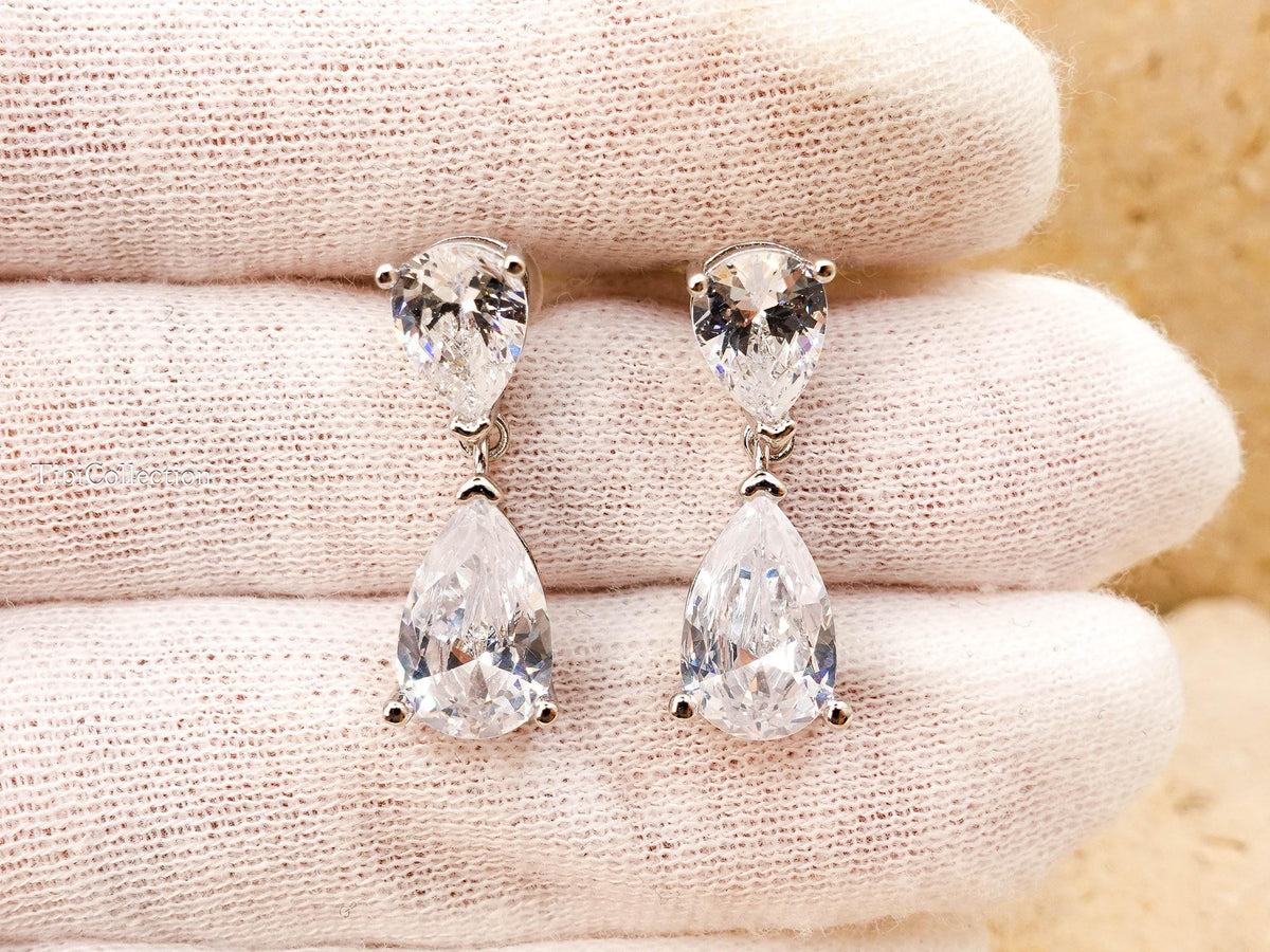 Double Pear Cut Diamond Drop Earrings, Bridal CZ Teardrop Earrings, Wedding Gift for Her
