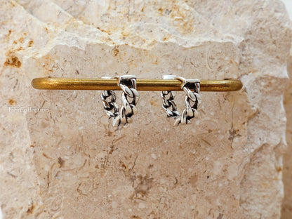 Sterling Silver Mens Hoop Earrings, Unisex Curb Link Huggie Earrings, Jewelry Gift for Him