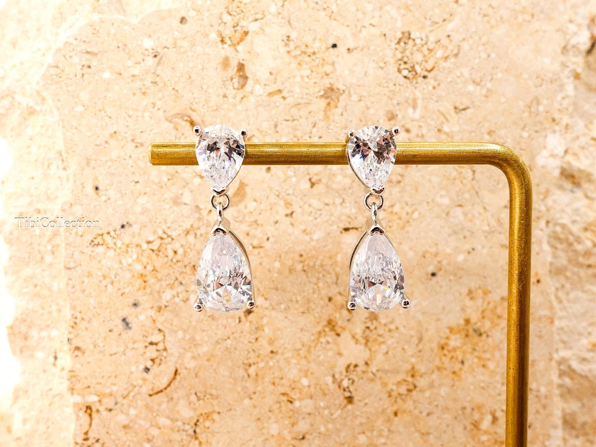 Double Pear Cut Diamond Drop Earrings, Bridal CZ Teardrop Earrings, Wedding Gift for Her