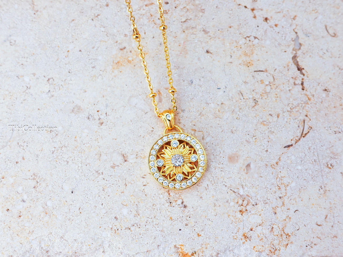 Gold Sunflower Necklace Sterling Silver , Celestial Sun Jewelry Gift for Her Sister