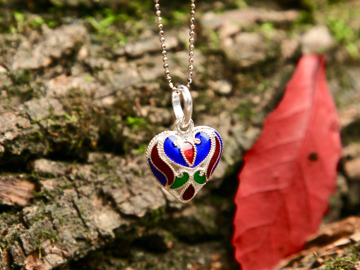 Sterling Silver Colorful Enamel Filigree Heart Necklace, Vintage Design Gift for Her