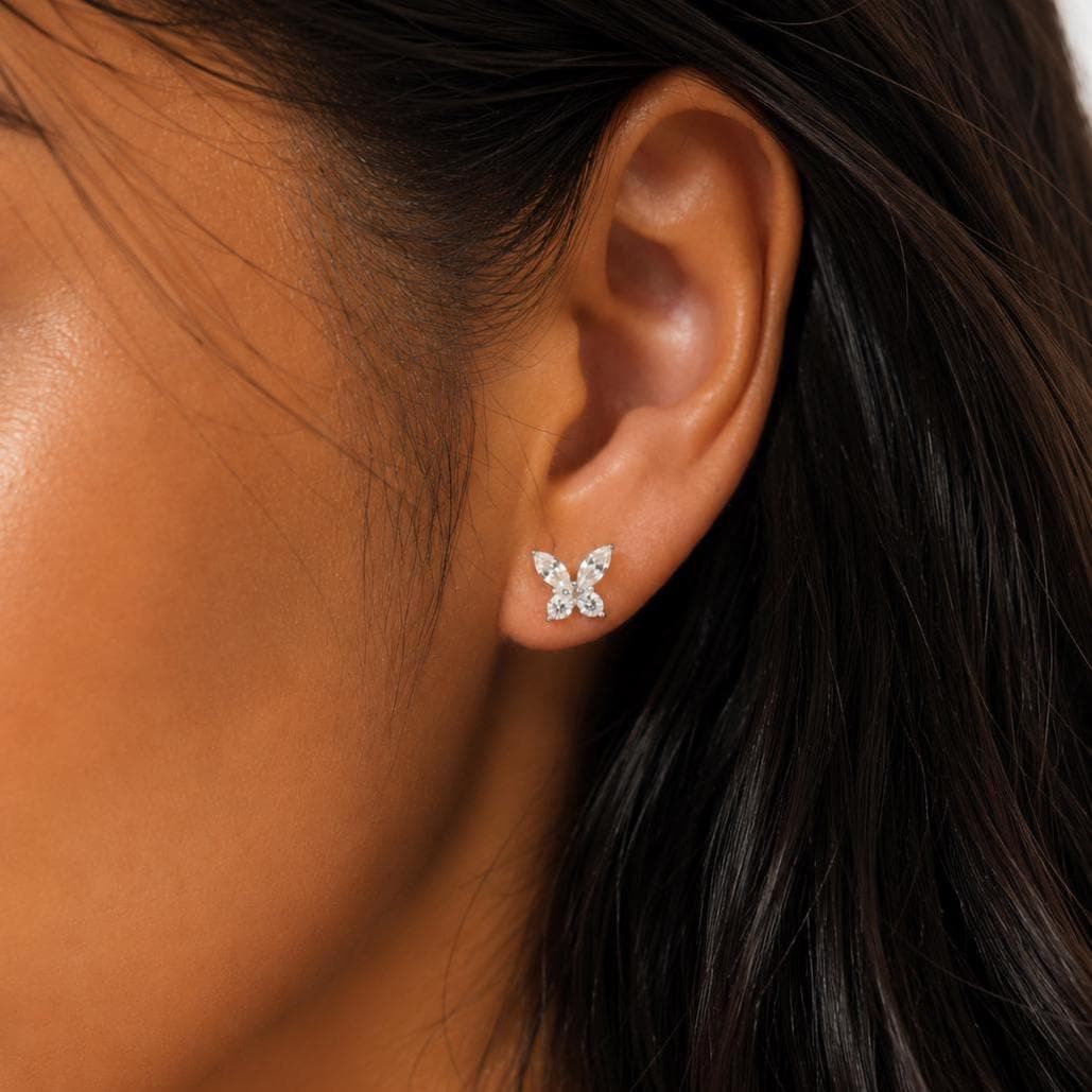 Sterling Silver Moissanite Studs, Butterfly CZ Diamond Earrings , Wedding Jewelry Gift for Her