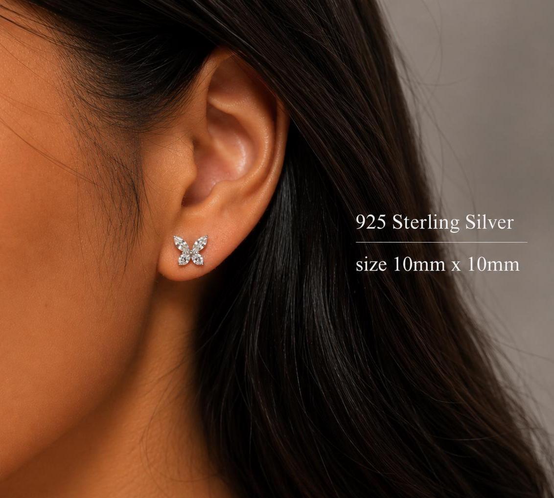 Sterling Silver Moissanite Studs, Butterfly CZ Diamond Earrings , Wedding Jewelry Gift for Her