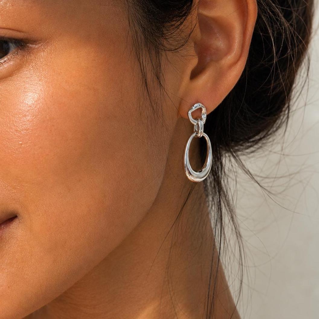 Sterling Silver Linked Hoop Dangle Earrings, Modern Minimalist Everyday Luxury Jewerly Gift for Her