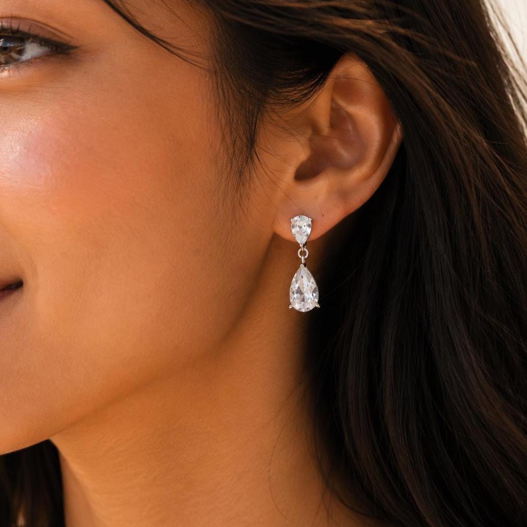 Double Pear Cut Diamond Drop Earrings, Bridal CZ Teardrop Earrings, Wedding Gift for Her