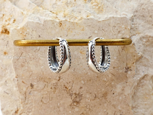Sterling Silver Oval Huggie Hoop Earrings, Dome Chunky Hoops Vintage Jewerly Gift for Her