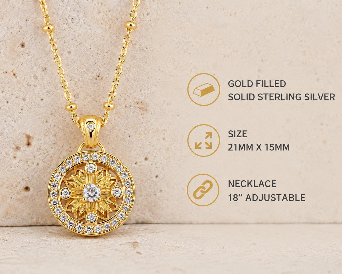 Gold Sunflower Necklace Sterling Silver , Celestial Sun Jewelry Gift for Her Sister