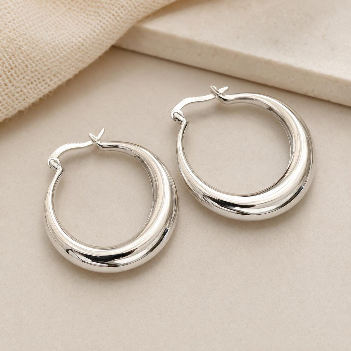 Sterling Silver Large Hoop Earrings, Crescent Statement Hoops Everyday Gift for Her