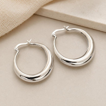 Sterling Silver Large Hoop Earrings, Crescent Statement Hoops Everyday Gift for Her