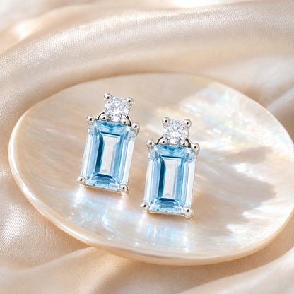 Dainty Aquamarine Stud Earrings Sterling Silver, Emerald Cut Blue Gemstone March Birthstone Jewelry Gift