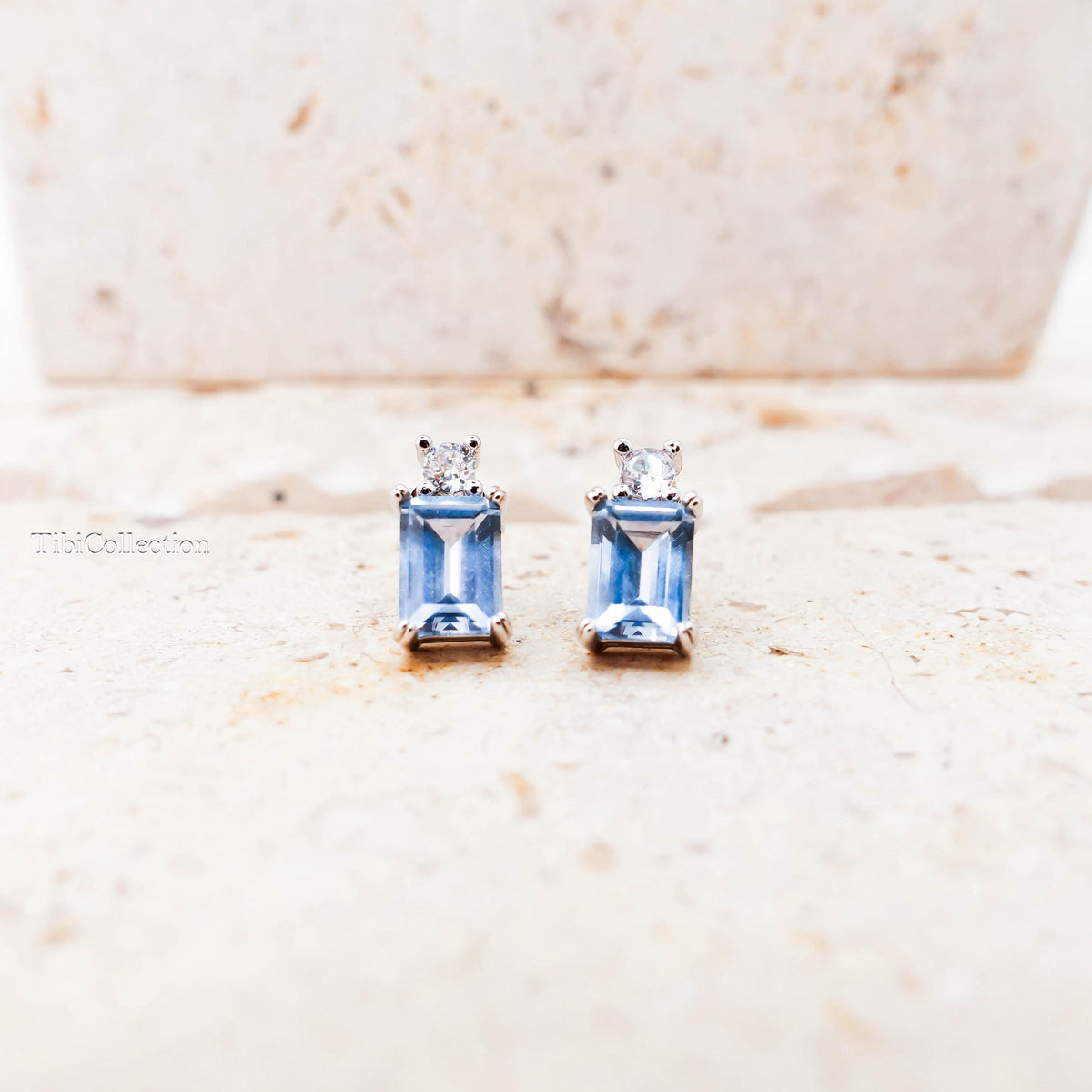 Dainty Aquamarine Stud Earrings Sterling Silver, Emerald Cut Blue Gemstone March Birthstone Jewelry Gift