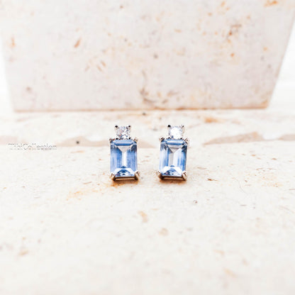 Dainty Aquamarine Stud Earrings Sterling Silver, Emerald Cut Blue Gemstone March Birthstone Jewelry Gift