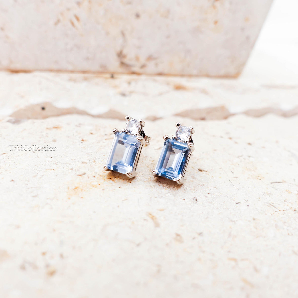 Dainty Aquamarine Stud Earrings Sterling Silver, Emerald Cut Blue Gemstone March Birthstone Jewelry Gift