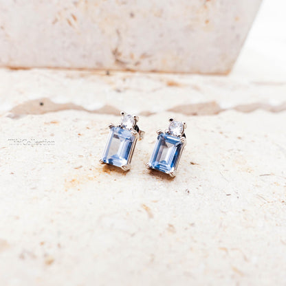 Dainty Aquamarine Stud Earrings Sterling Silver, Emerald Cut Blue Gemstone March Birthstone Jewelry Gift