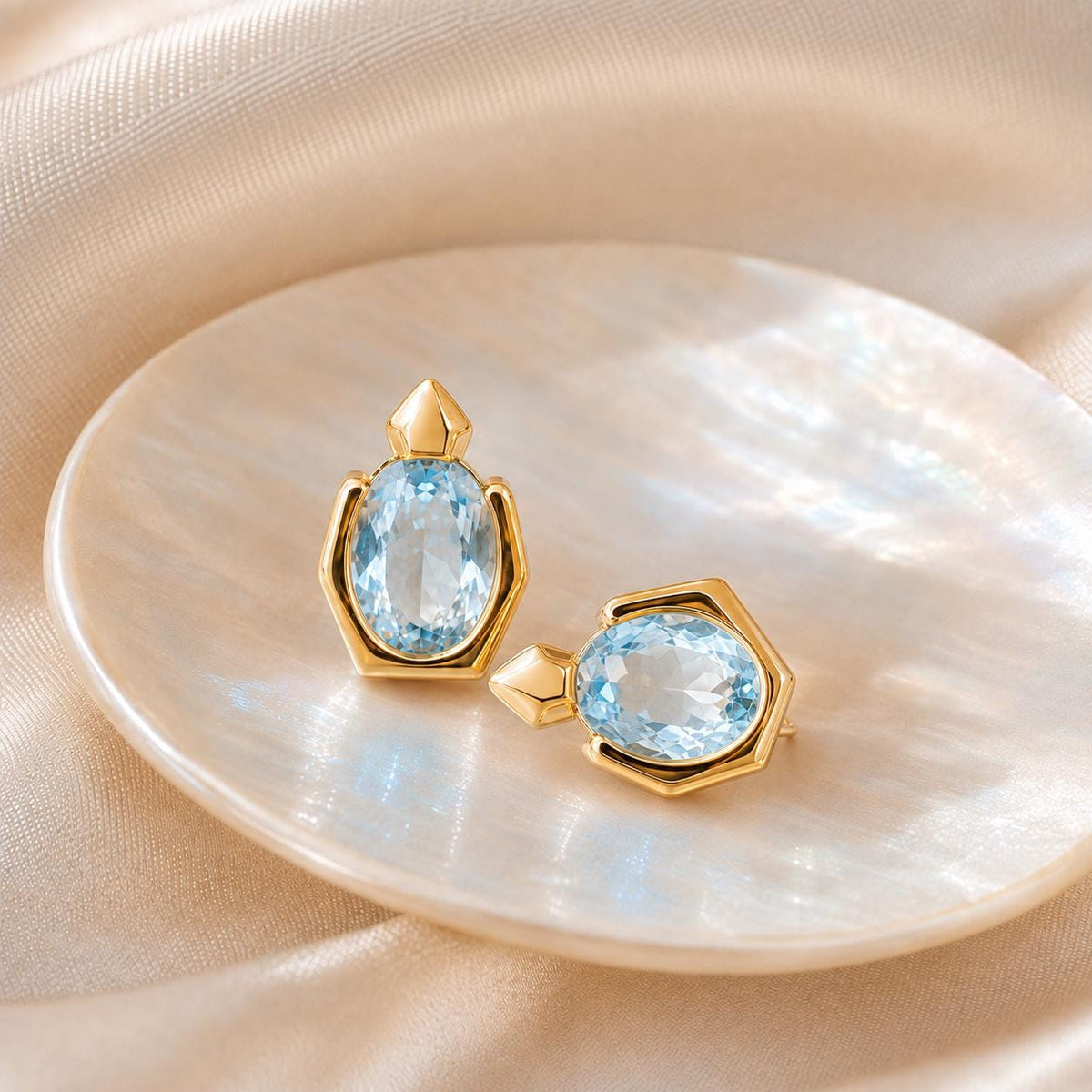 Dainty Oval Aquamarine Stud Earrings Gold-Filled, Geometric March Birthstone Jewelry Gift for Her