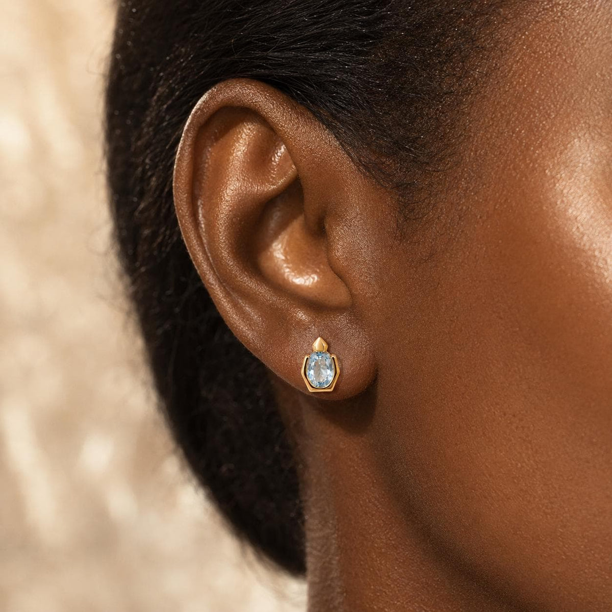 Dainty Oval Aquamarine Stud Earrings Gold-Filled, Geometric March Birthstone Jewelry Gift for Her