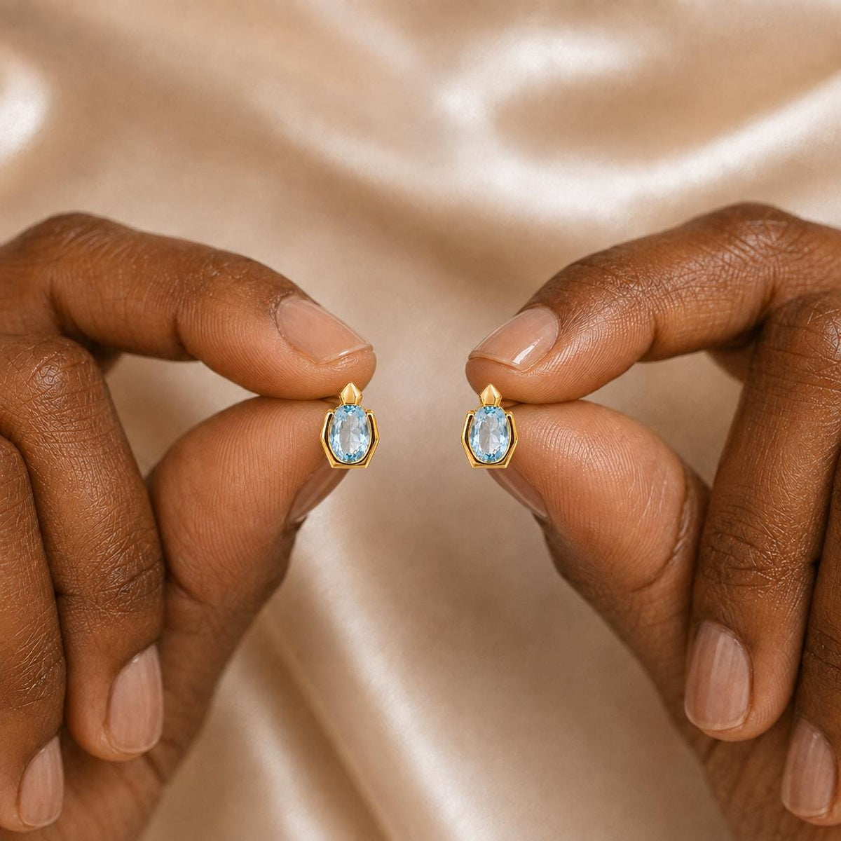 Dainty Oval Aquamarine Stud Earrings Gold-Filled, Geometric March Birthstone Jewelry Gift for Her