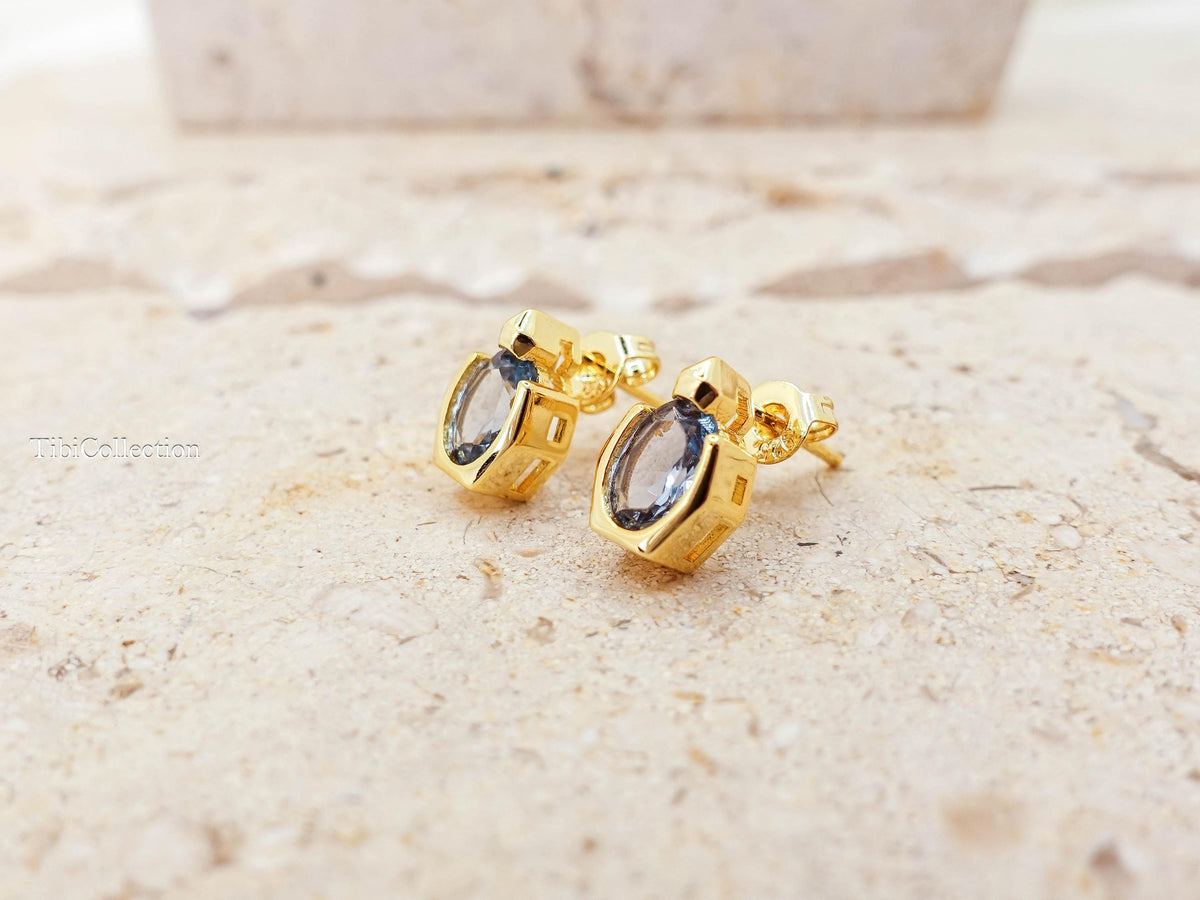 Dainty Oval Aquamarine Stud Earrings Gold-Filled, Geometric March Birthstone Jewelry Gift for Her