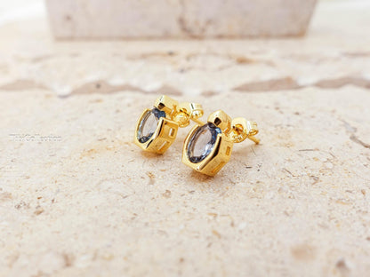 Dainty Oval Aquamarine Stud Earrings Gold-Filled, Geometric March Birthstone Jewelry Gift for Her