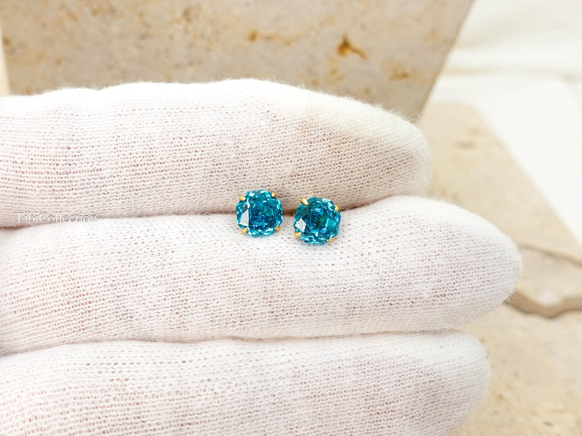 Sparkling Paraiba Stud Earrings, Teal Tourmaline Blue Gemstone Jewelry Gift for Her