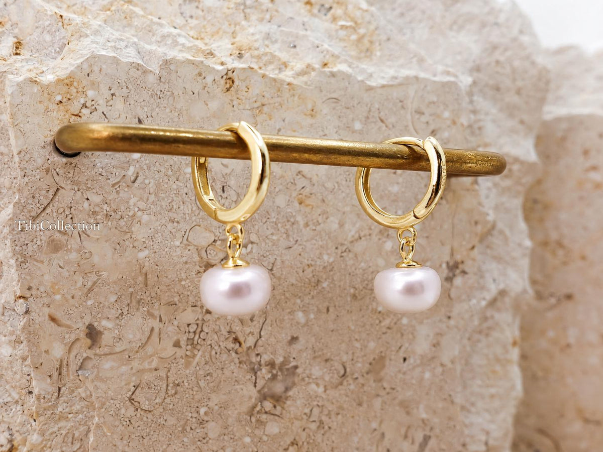 Pink Freshwater Pearl Drop Earrings, Gold-Filled Sterling Silver Pearl Huggie Hoops Gift