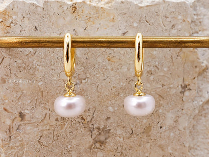 Pink Freshwater Pearl Drop Earrings, Gold-Filled Sterling Silver Pearl Huggie Hoops Gift