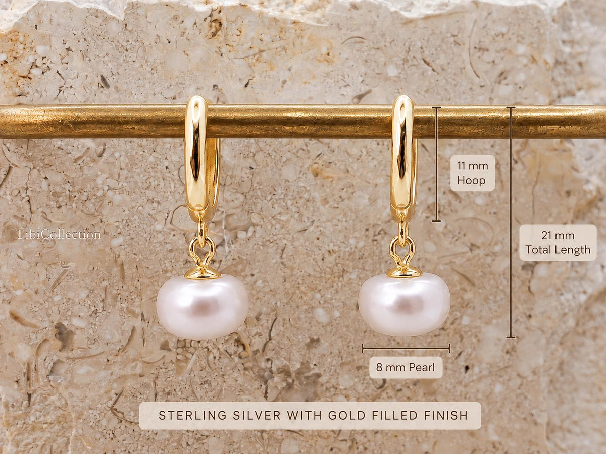 Pink Freshwater Pearl Drop Earrings, Gold-Filled Sterling Silver Pearl Huggie Hoops Gift