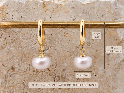 Pink Freshwater Pearl Drop Earrings, Gold-Filled Sterling Silver Pearl Huggie Hoops Gift