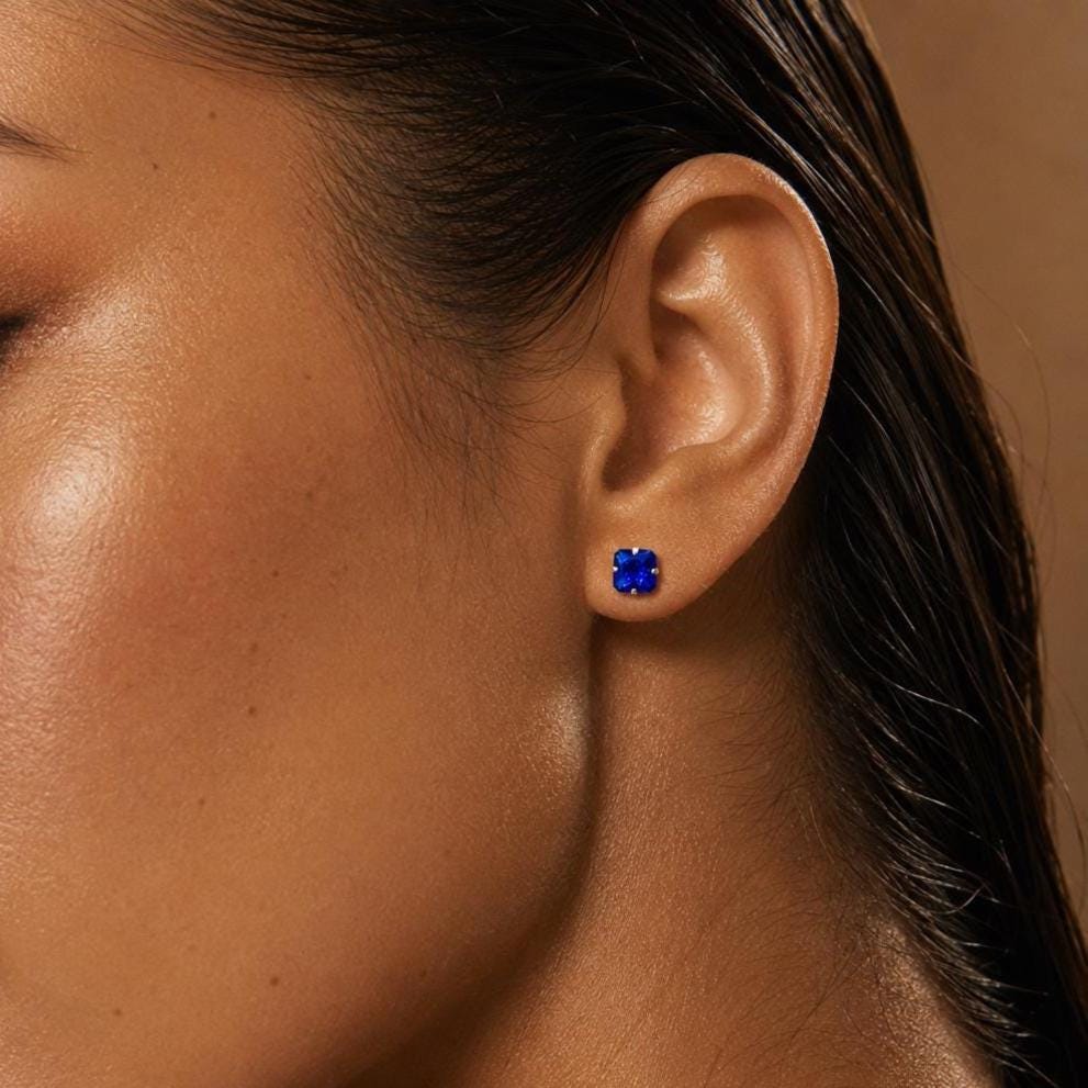 Blue Sapphire Stud Earrings Sterling Silver, September Birthstone Jewelry Gift for Her Him