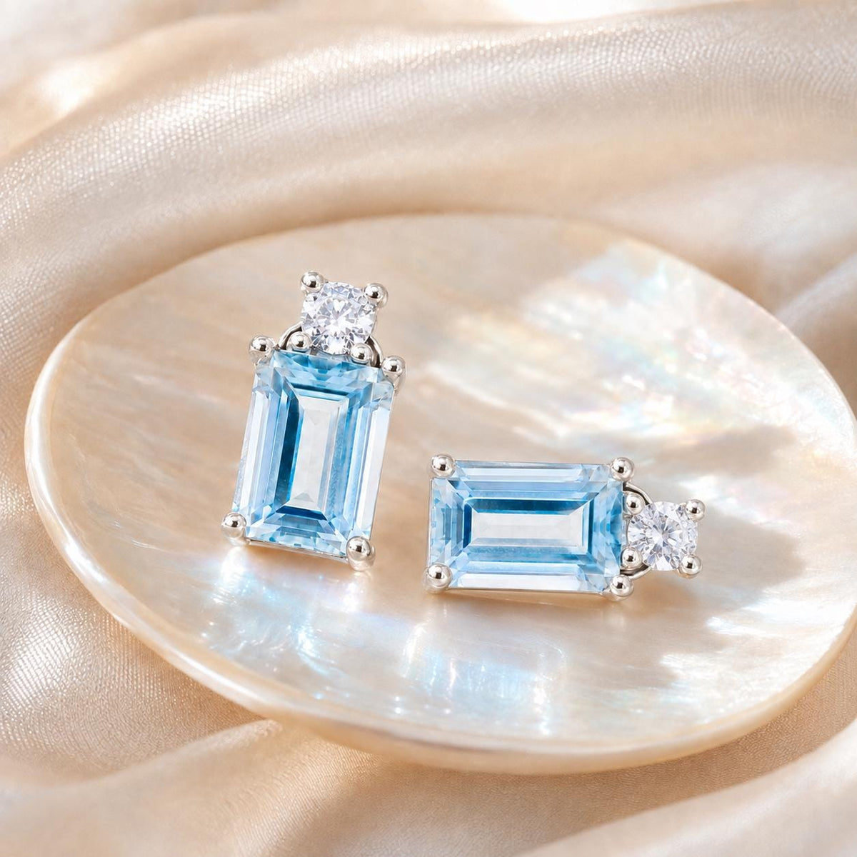 Dainty Aquamarine Stud Earrings Sterling Silver, Emerald Cut Blue Gemstone March Birthstone Jewelry Gift