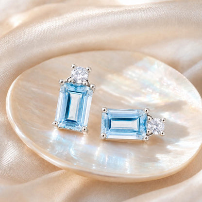 Dainty Aquamarine Stud Earrings Sterling Silver, Emerald Cut Blue Gemstone March Birthstone Jewelry Gift