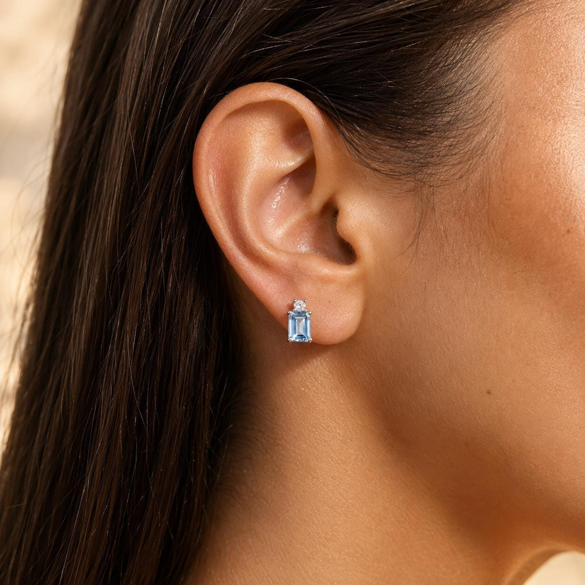 Dainty Aquamarine Stud Earrings Sterling Silver, Emerald Cut Blue Gemstone March Birthstone Jewelry Gift
