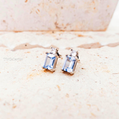 Dainty Aquamarine Stud Earrings Sterling Silver, Emerald Cut Blue Gemstone March Birthstone Jewelry Gift