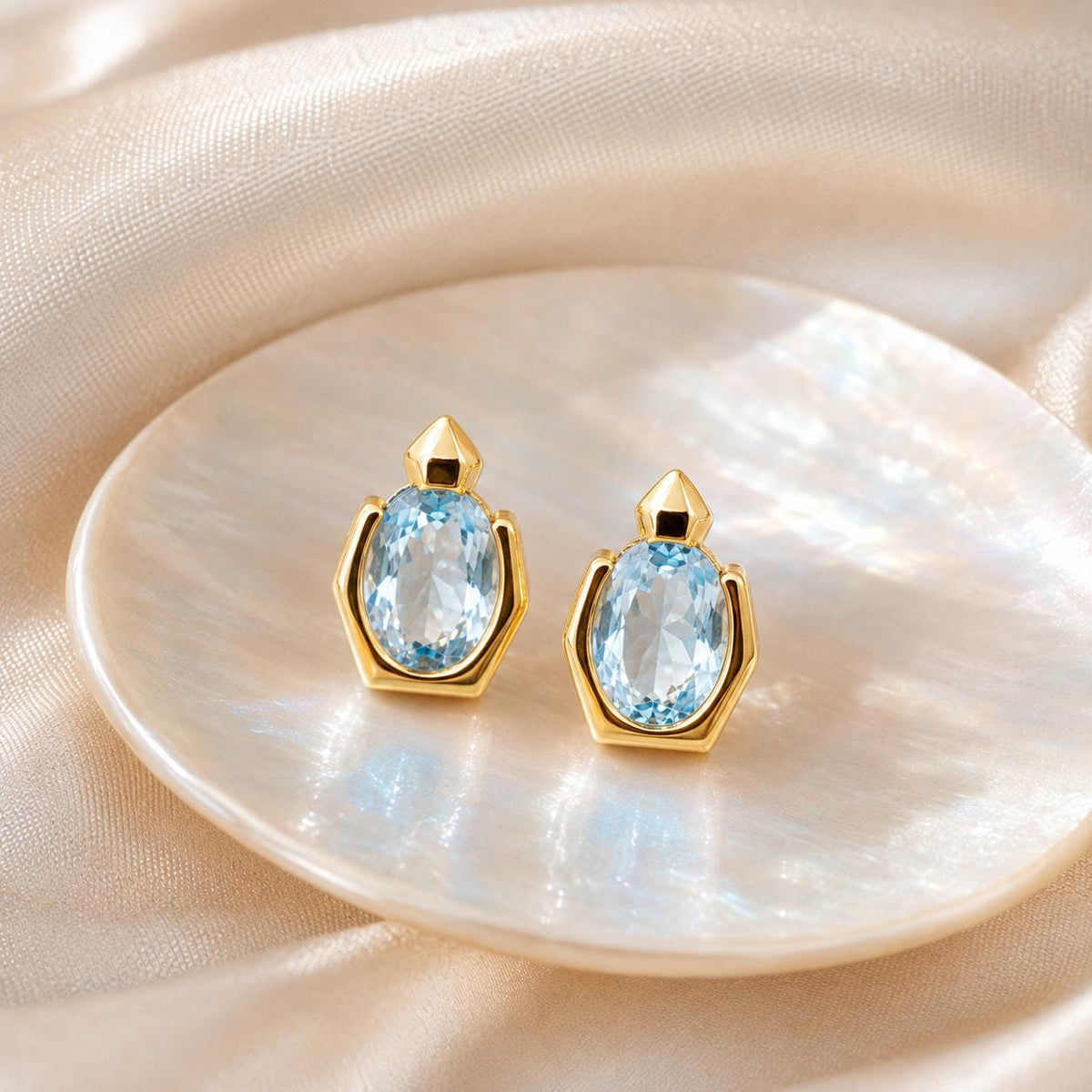 Dainty Oval Aquamarine Stud Earrings Gold-Filled, Geometric March Birthstone Jewelry Gift for Her