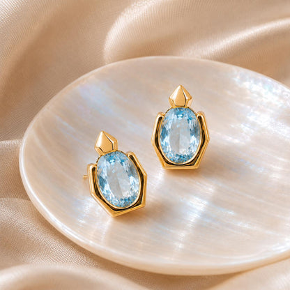 Dainty Oval Aquamarine Stud Earrings Gold-Filled, Geometric March Birthstone Jewelry Gift for Her