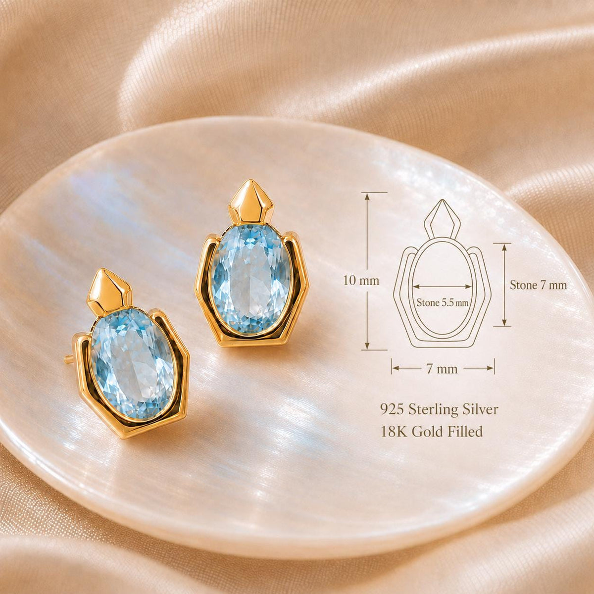 Dainty Oval Aquamarine Stud Earrings Gold-Filled, Geometric March Birthstone Jewelry Gift for Her