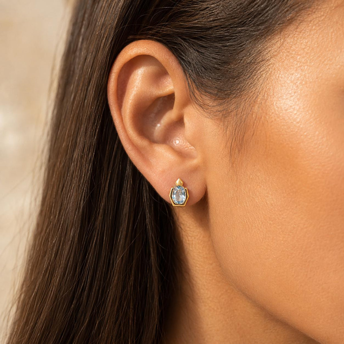 Dainty Oval Aquamarine Stud Earrings Gold-Filled, Geometric March Birthstone Jewelry Gift for Her