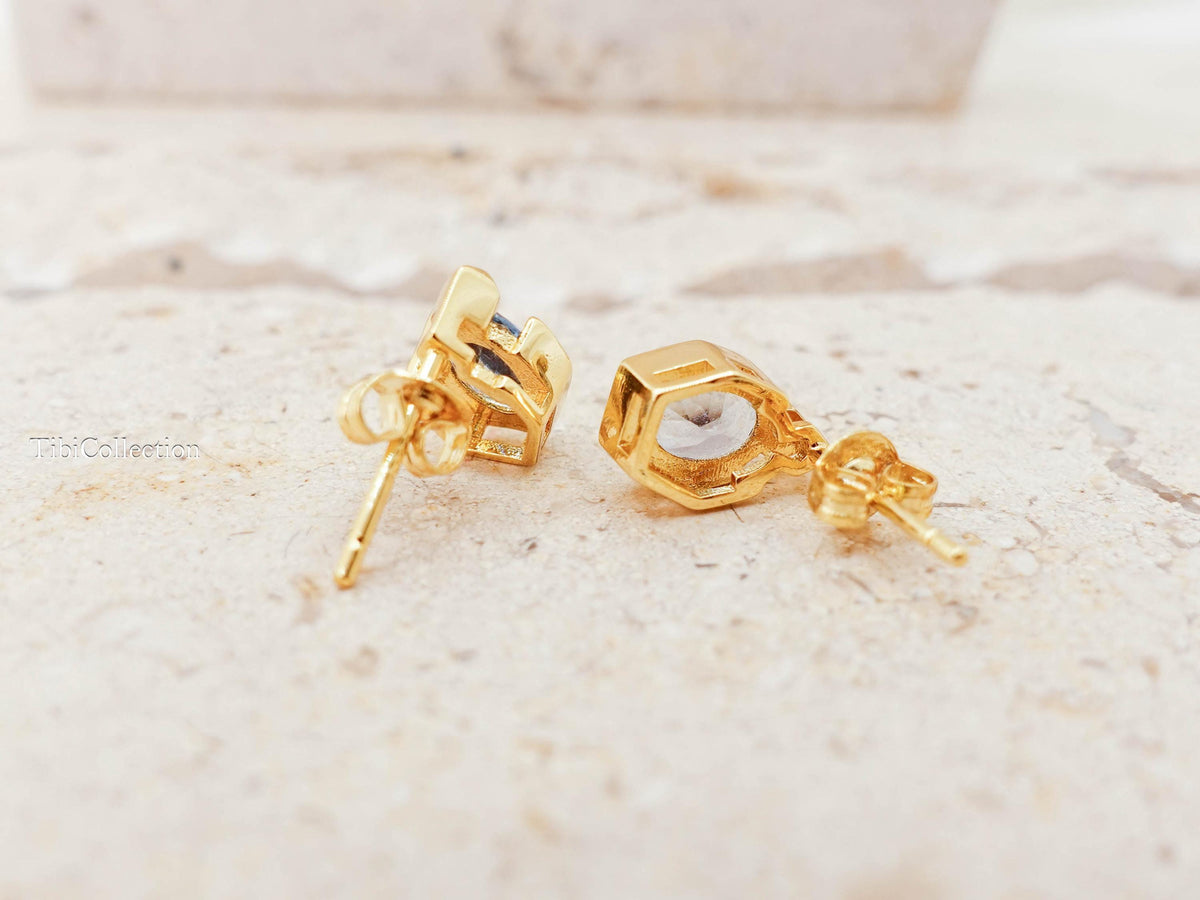 Dainty Oval Aquamarine Stud Earrings Gold-Filled, Geometric March Birthstone Jewelry Gift for Her