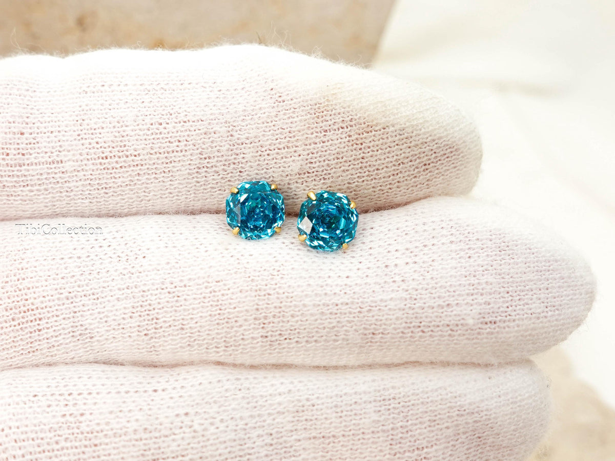 Sparkling Paraiba Stud Earrings, Teal Tourmaline Blue Gemstone Jewelry Gift for Her