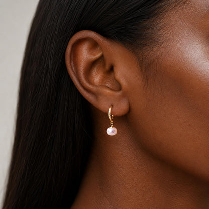 Pink Freshwater Pearl Drop Earrings, Gold-Filled Sterling Silver Pearl Huggie Hoops Gift