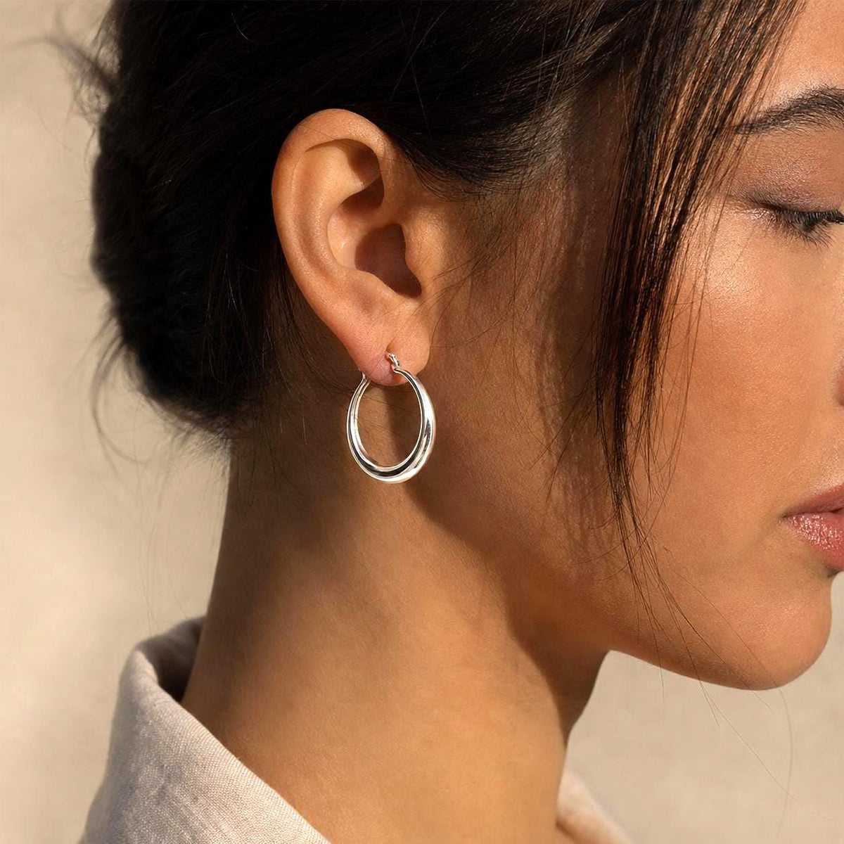 Sterling Silver Large Hoop Earrings, Crescent Statement Hoops Everyday Gift for Her