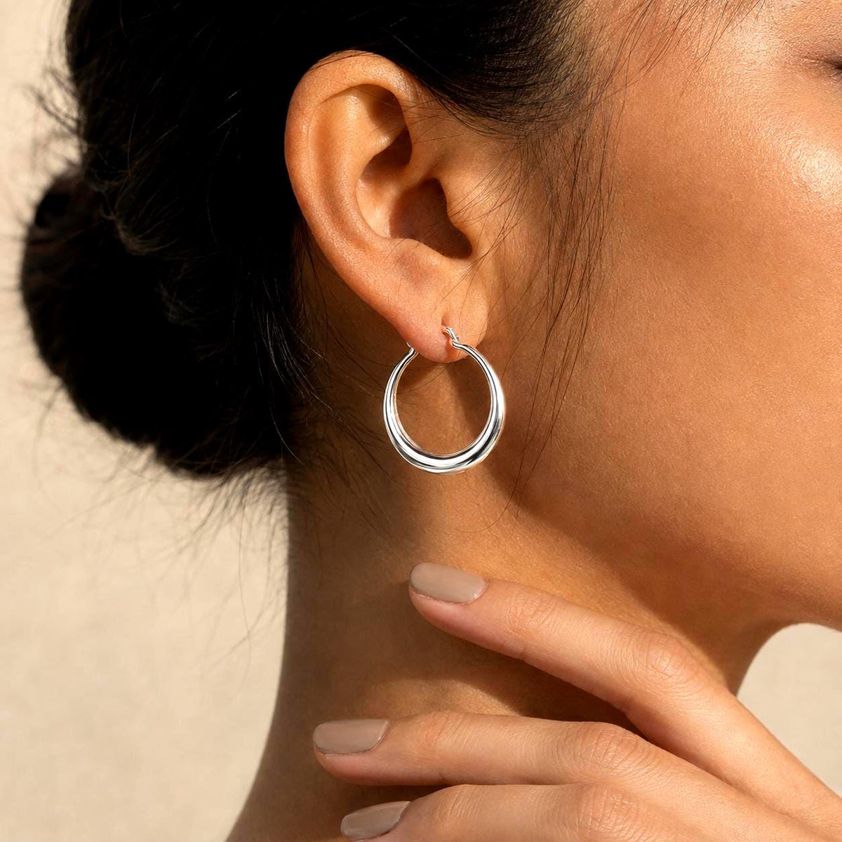 Sterling Silver Large Hoop Earrings, Crescent Statement Hoops Everyday Gift for Her