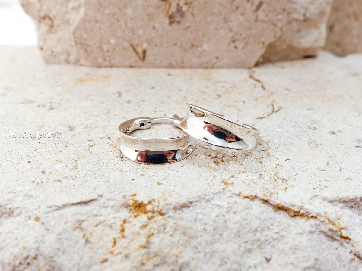 Sterling Silver Sculpted Small Dome Hoop Earrings, Crescent Hoops, Everyday Gift for Her