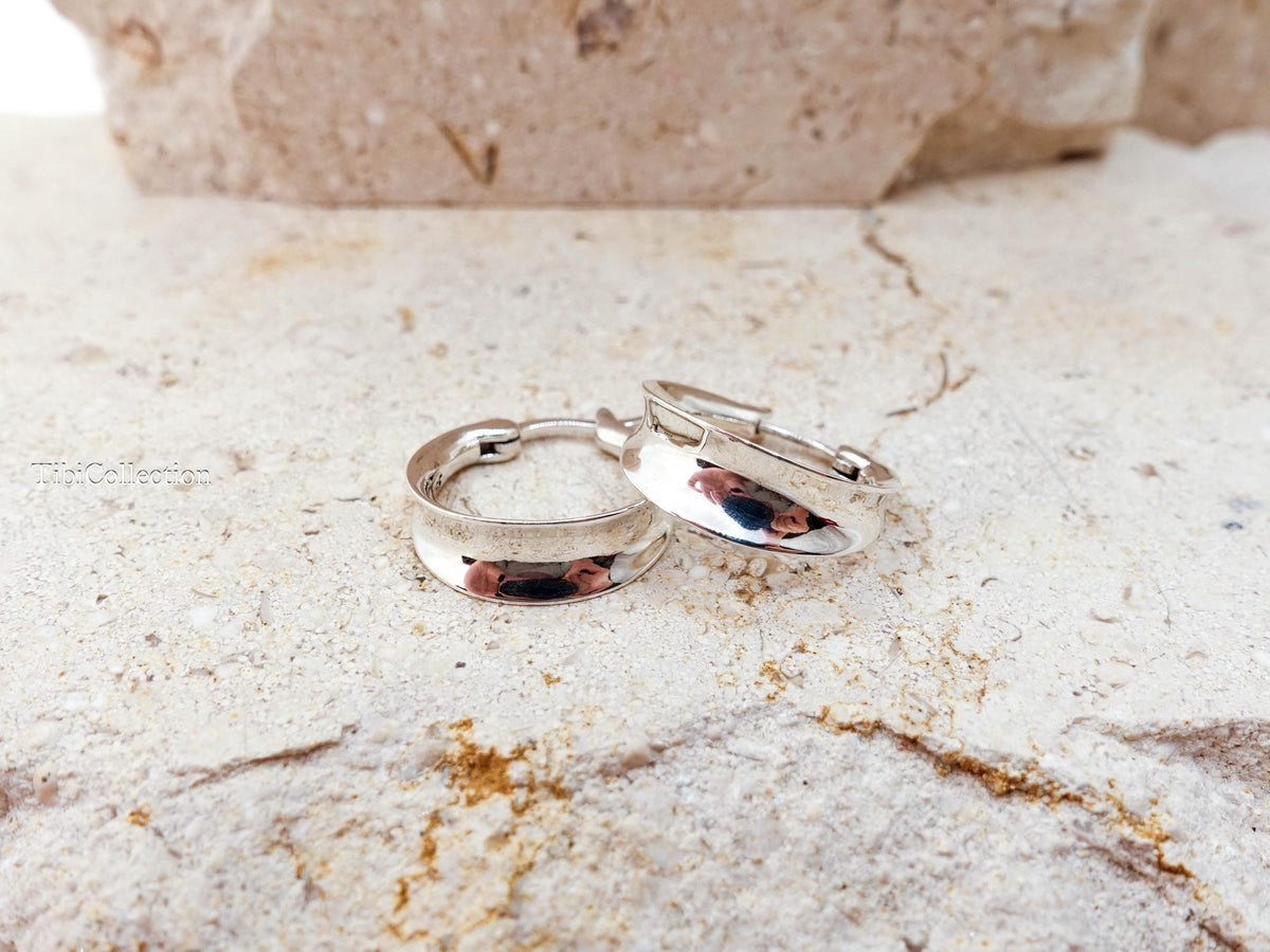 Sterling Silver Sculpted Small Dome Hoop Earrings, Crescent Hoops, Everyday Gift for Her