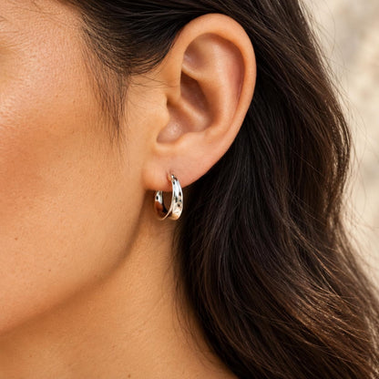 Sterling Silver Sculpted Small Dome Hoop Earrings, Crescent Hoops, Everyday Gift for Her