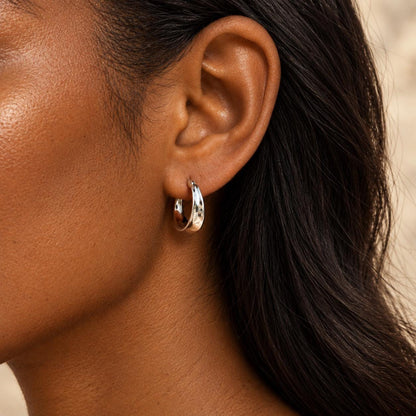 Sterling Silver Sculpted Small Dome Hoop Earrings, Crescent Hoops, Everyday Gift for Her