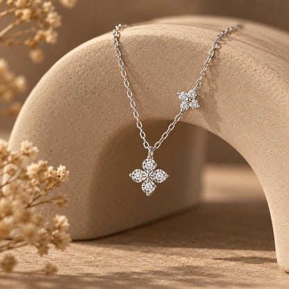 Sterling Silver Clover Moissanite Necklace, Dainty Flower Diamond Necklace Gift for Her