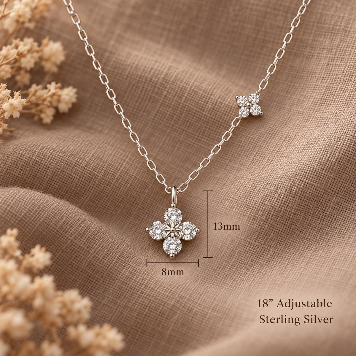 Sterling Silver Clover Moissanite Necklace, Dainty Flower Diamond Necklace Gift for Her