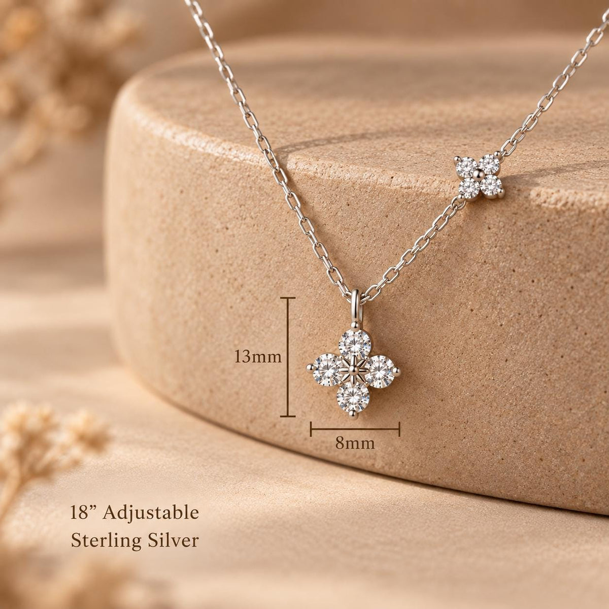 Sterling Silver Clover Moissanite Necklace, Dainty Flower Diamond Necklace Gift for Her